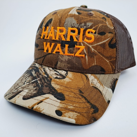 Harris Walz Midwest Chappell Roan Camo Orange Embroidered Trucker Hat President - Picture 2 of 5